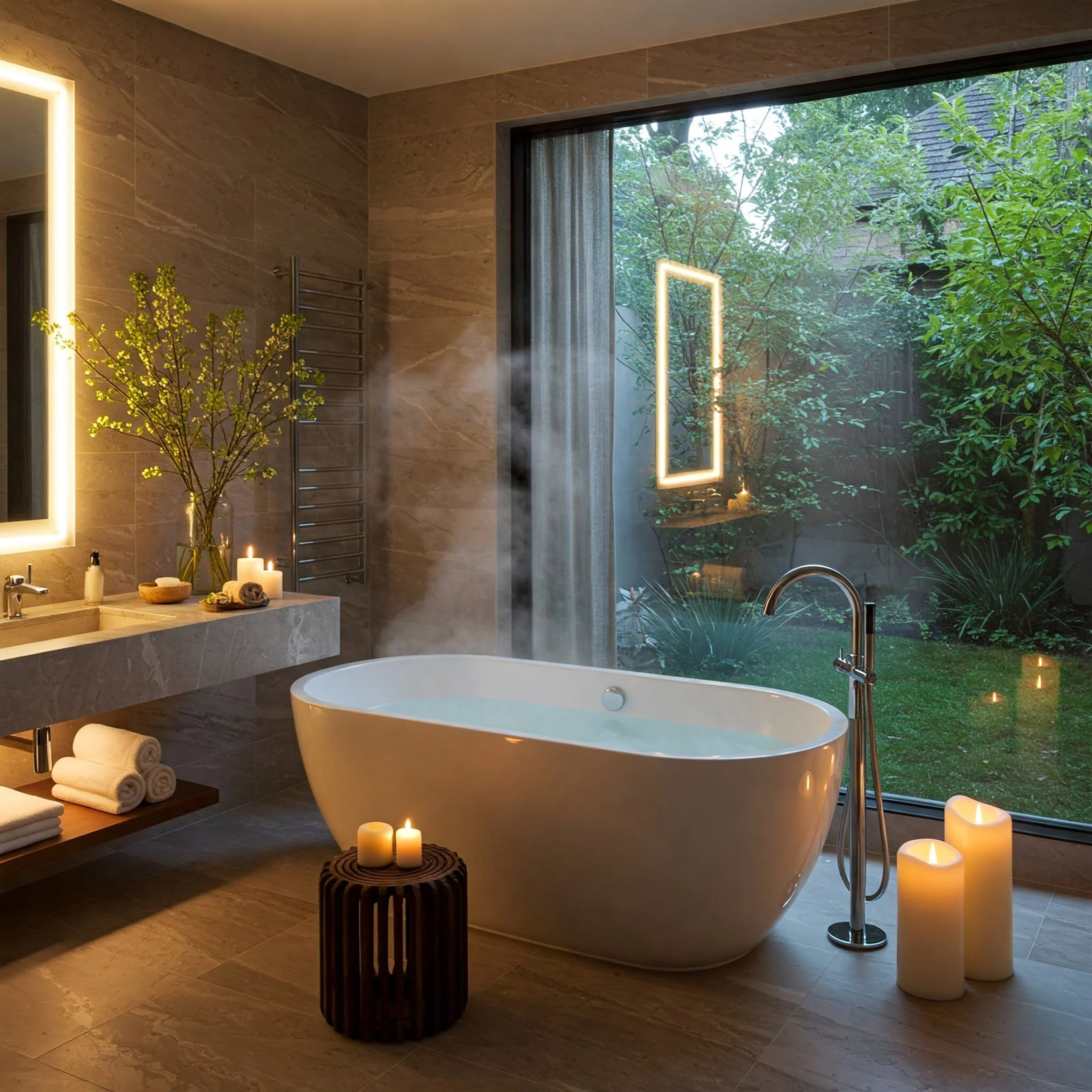 Spa-style bathroom with freestanding tub and garden view