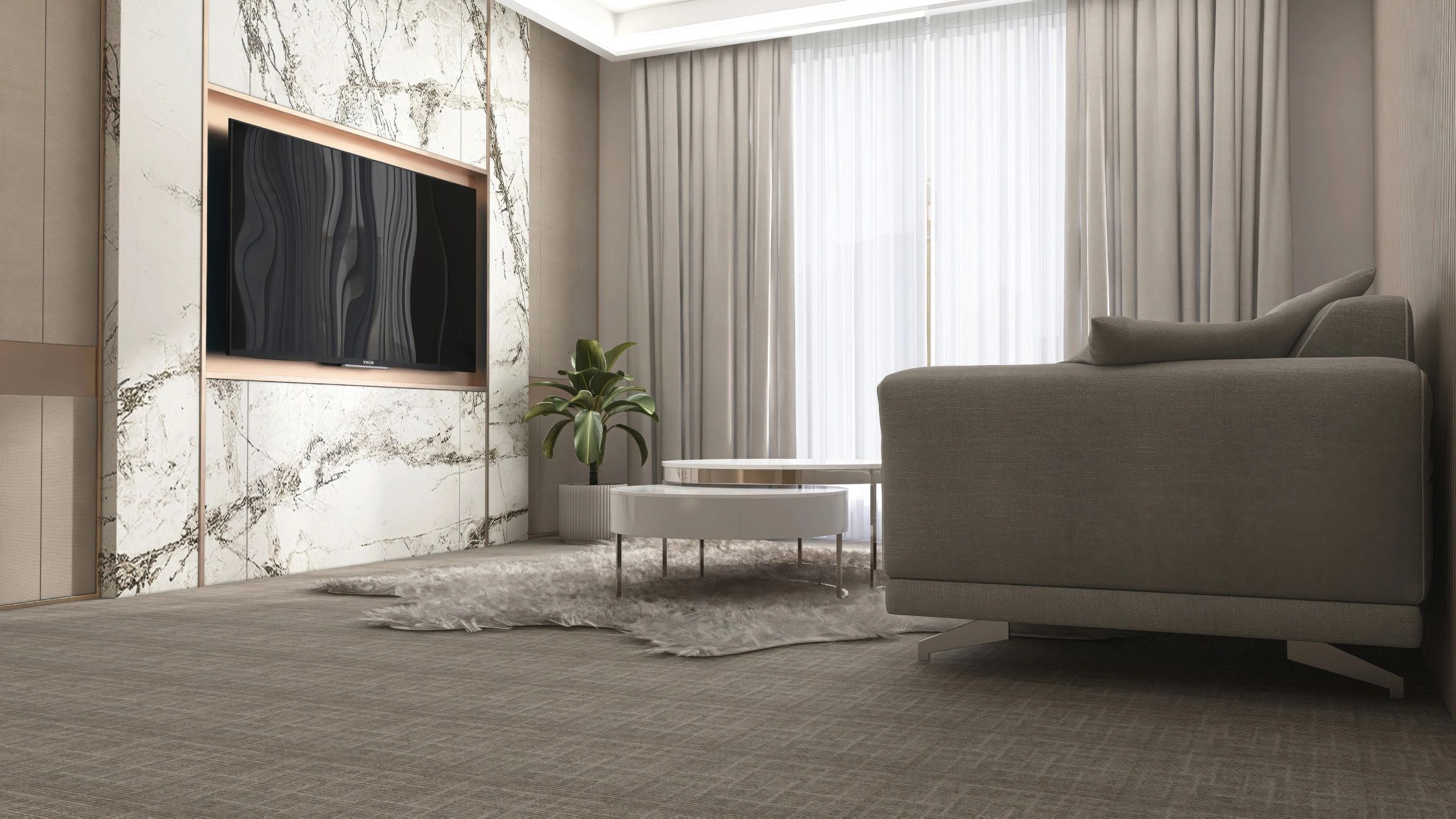 Sunlit luxury living room with elevated neutral palette
