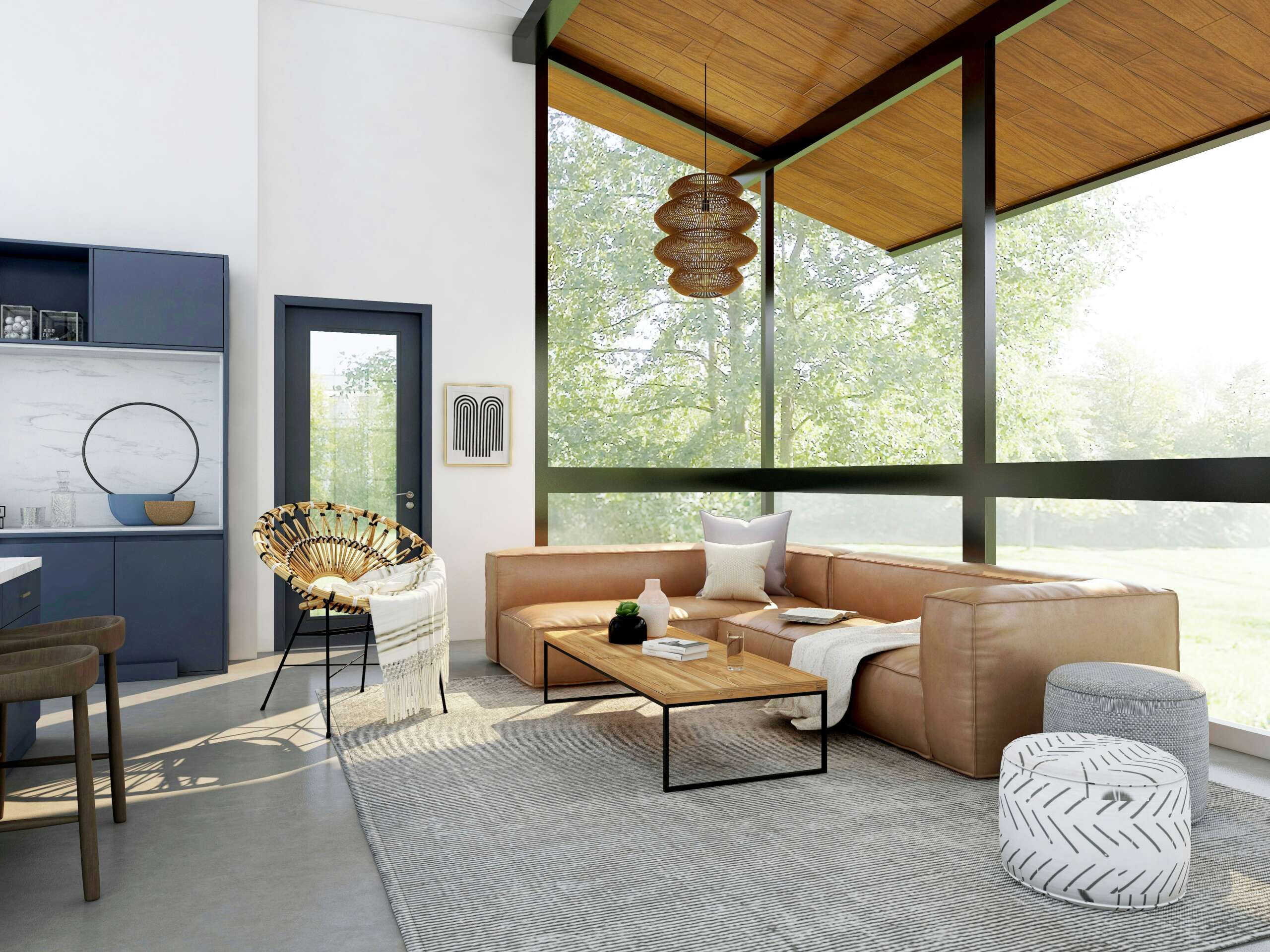 Modern luxury living area with floor-to-ceiling windows, tan sectional sofa, and warm natural finishes