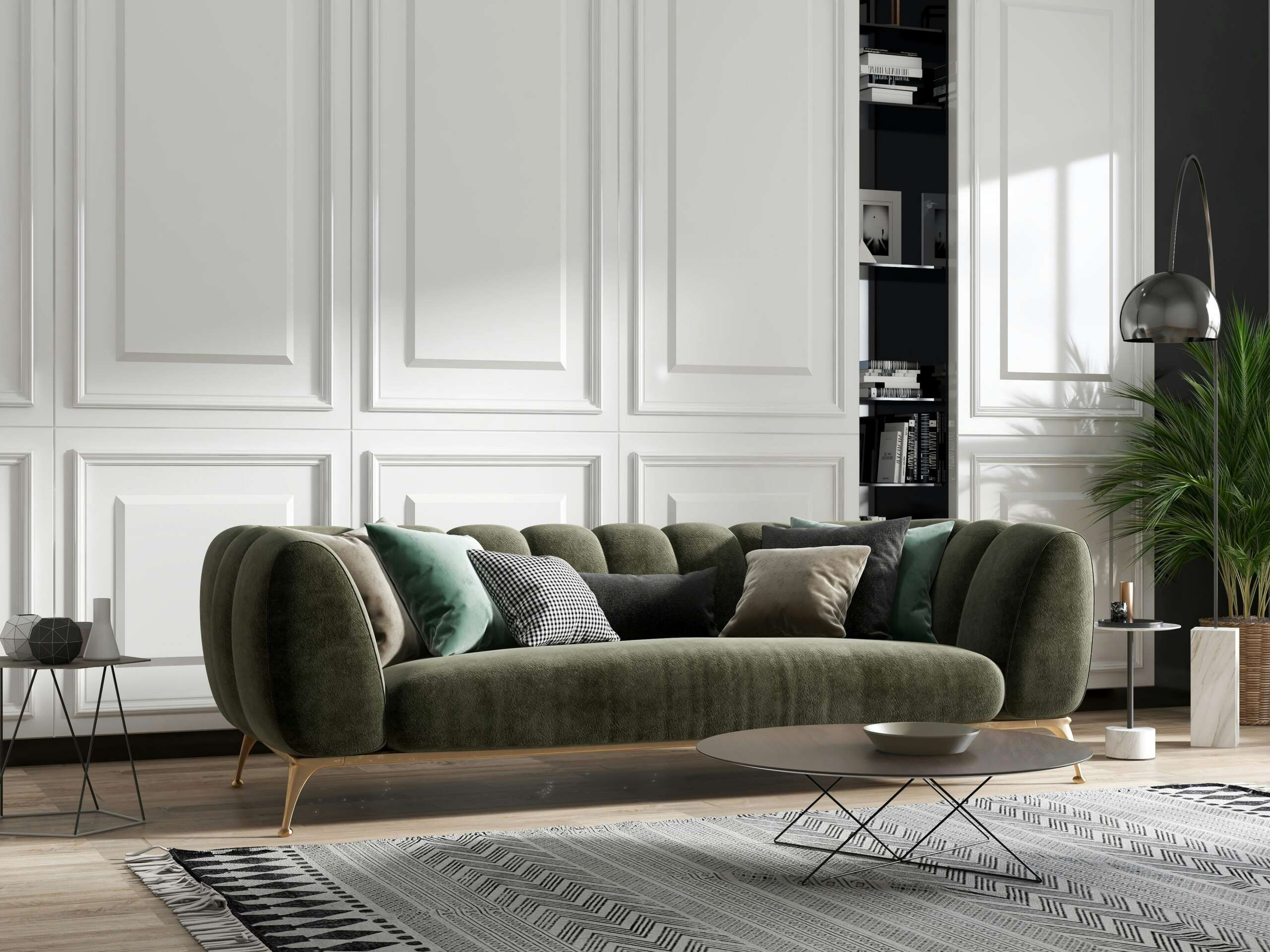Olive green curved sofa in a refined modern living room