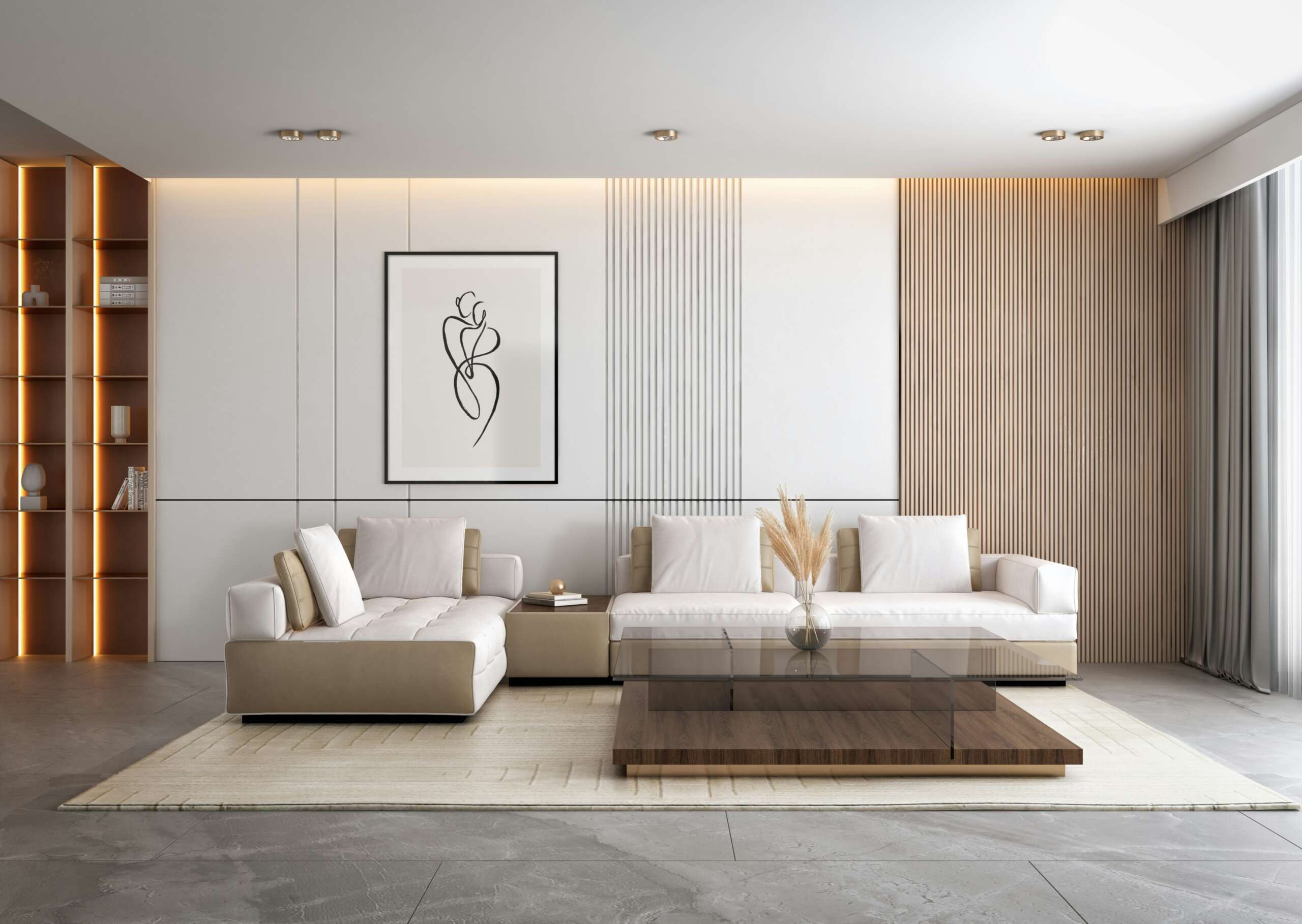 Warm modern living room with white sofas and wood paneling