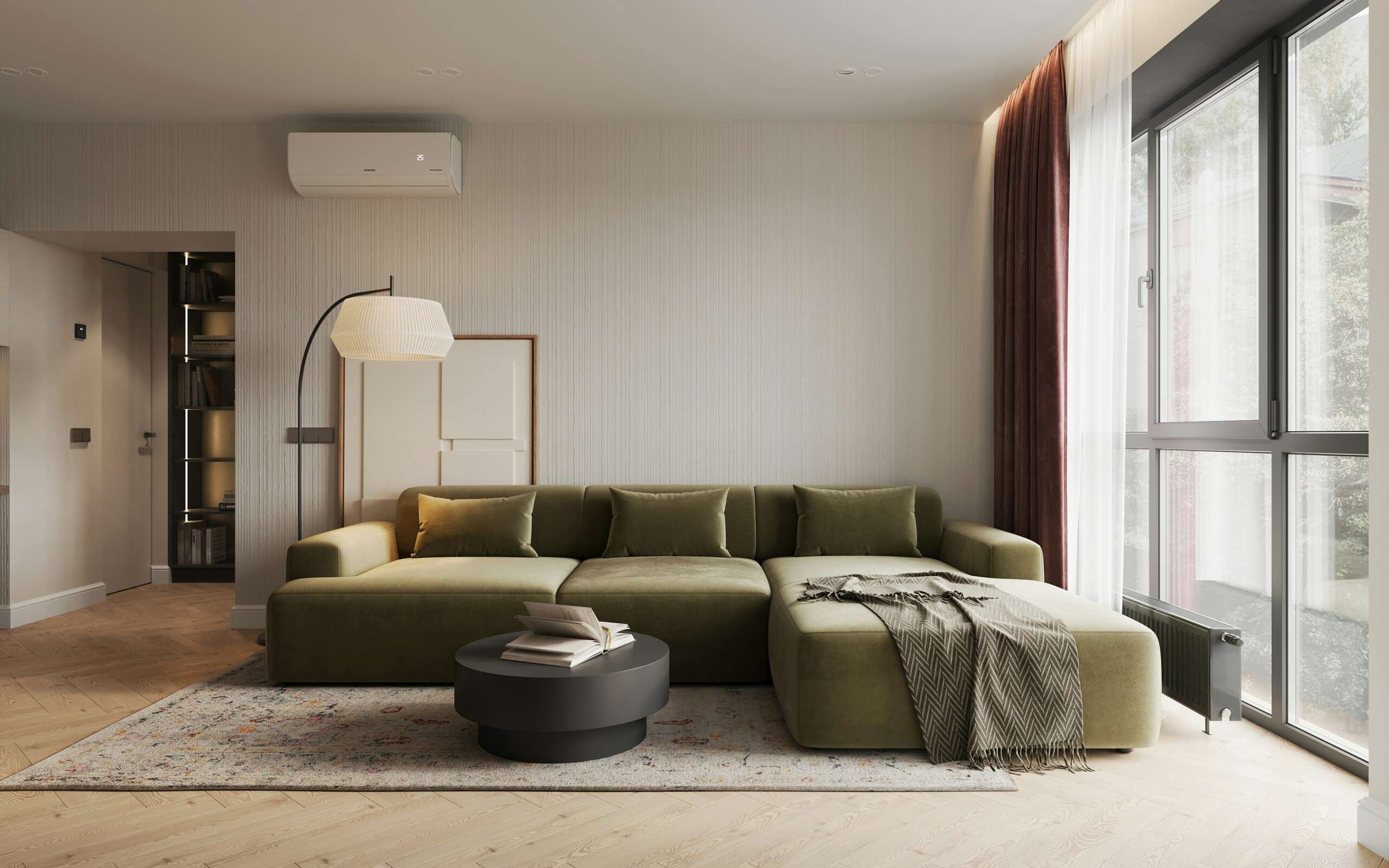 Olive sectional in a softly lit contemporary lounge